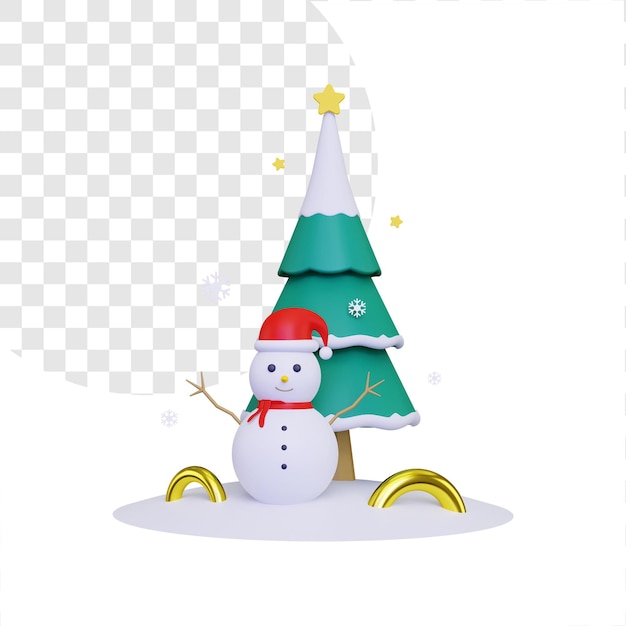 Illustrazione di concetto di albero di Natale 3d e pupazzo di neve