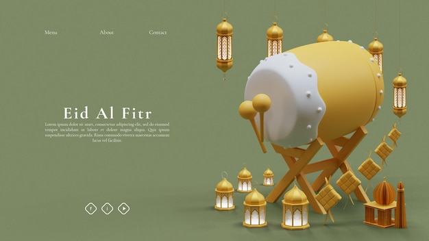 Illustrazione di rendering 3D del modello di pagina di destinazione di Eid Al Fitr Bedug
