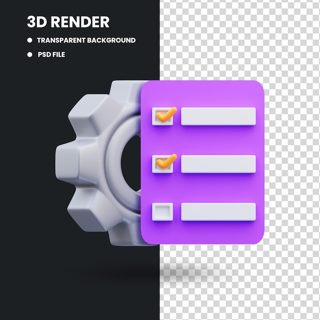 Illustrazione di rendering 3D dell'icona dell'attività di gestione del progetto, elenco di controllo