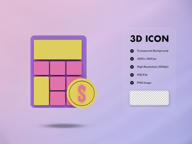 Illustrazione di rendering 3D dell'icona della moneta del dollaro e della calcolatrice 3D