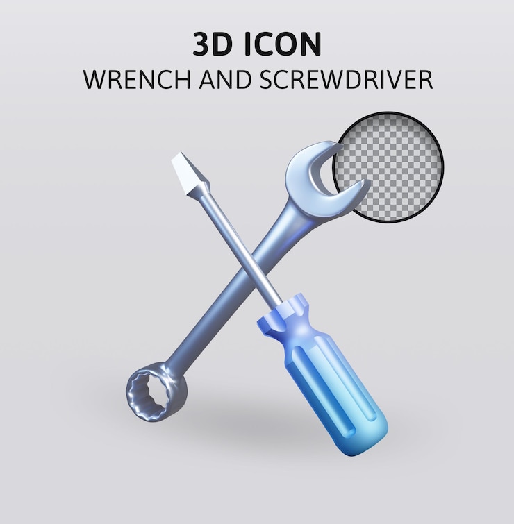 PSD illustrazione di rendering 3d di chiave inglese e cacciavite