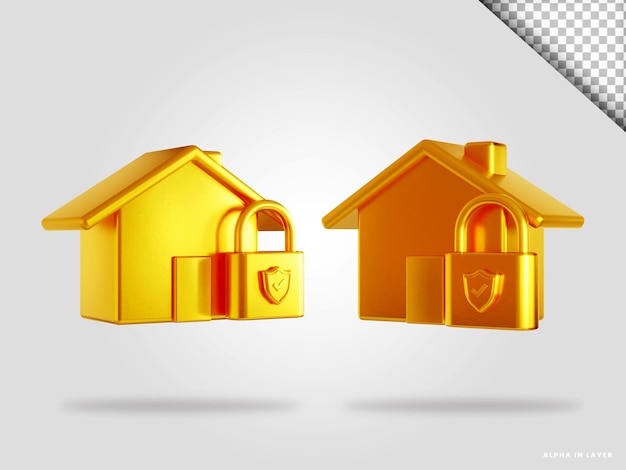 Illustrazione di rendering 3d di sicurezza domestica dorata isolata
