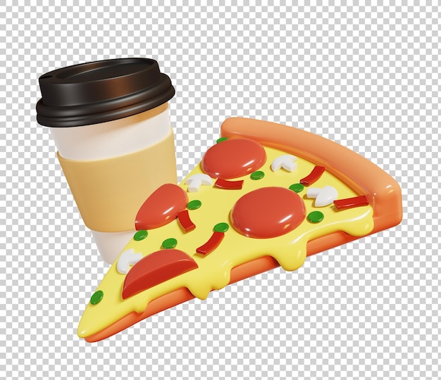 Illustrazione di rendering 3D di una fetta di pizza e una tazza di caffè isolata