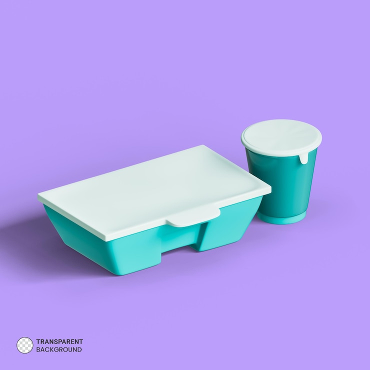 PSD illustrazione di rendering 3d isolata della scatola del contenitore per alimenti in plastica e dell'icona della tazza