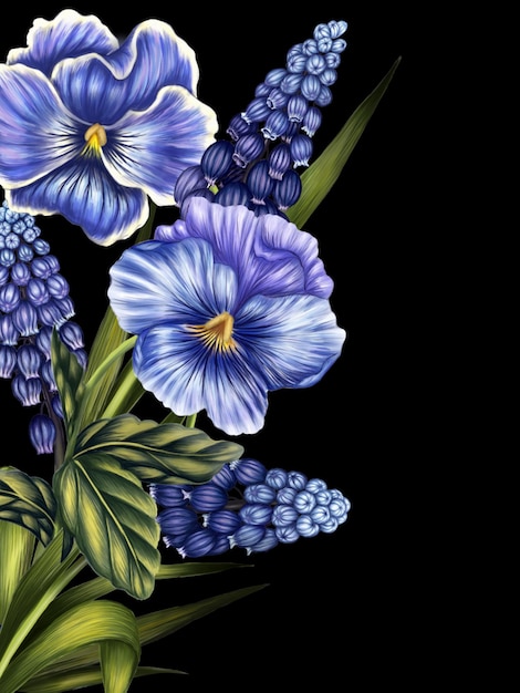 Illustrazione di un bouquet di muscari blu e pansy su uno sfondo nero in acquerello