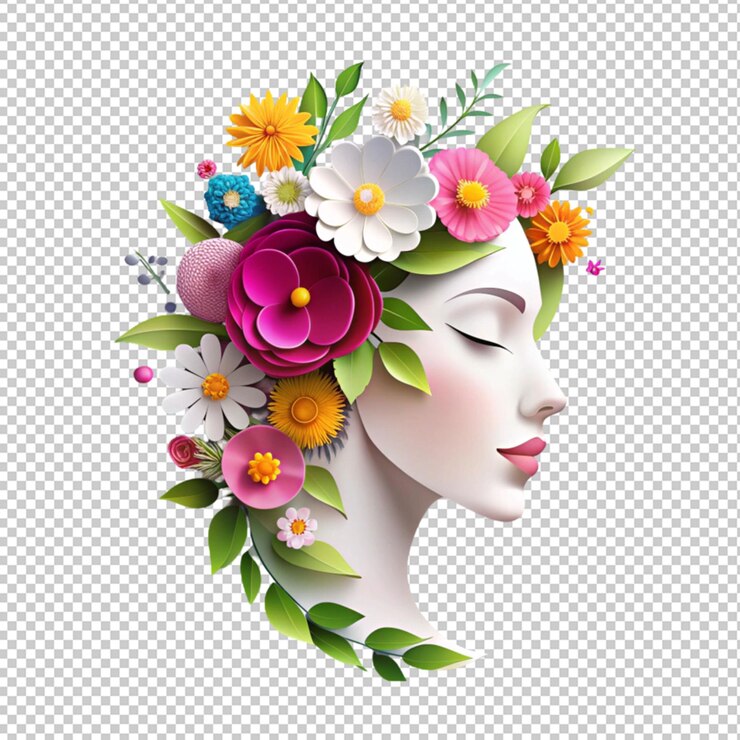 PSD illustrazione di un taglio di carta in stile viso e fiori isolato su uno sfondo trasparente