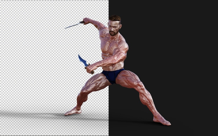 PSD illustrazione di un tizio senza camicia in mutande blu che mostra il suo corpo muscoloso e tiene un pugnale gemello