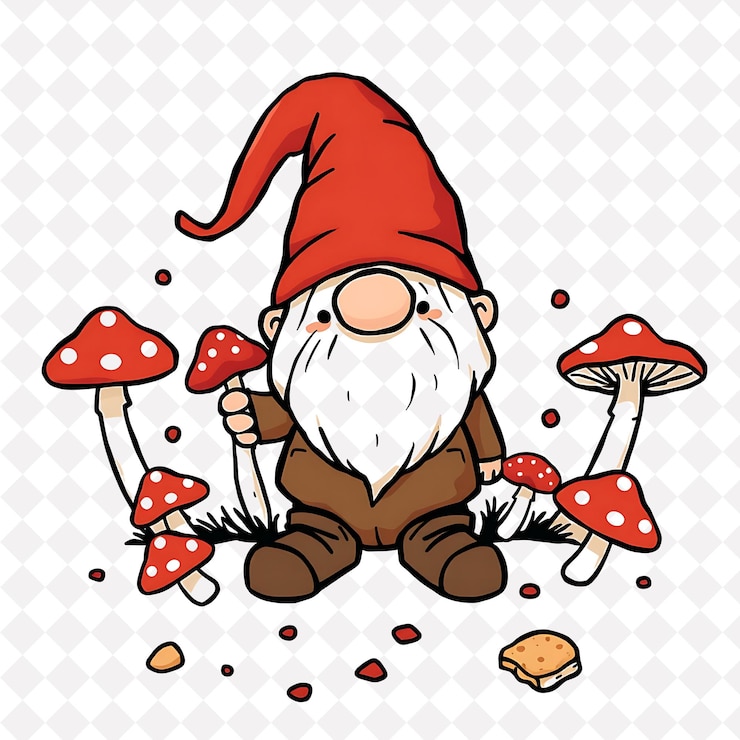 PSD illustrazione gnome avventuroso con forme di funghi sparsi intorno a terreni e rustici marroni e