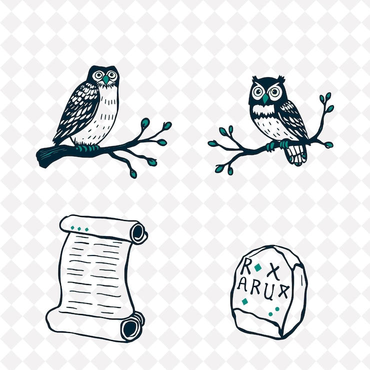 PSD illustrazione gufi rami rotoli rune luminose gufi saggi appoggiati sui rami rami arcuati ov