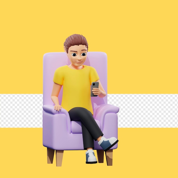 Illustrazione raster dell'uomo che riposa su una sedia Giovane ragazzo con una maglietta gialla si siede al telefono rilassa i social network naviga in Internet Relax concept 3d rendering artwork per affari