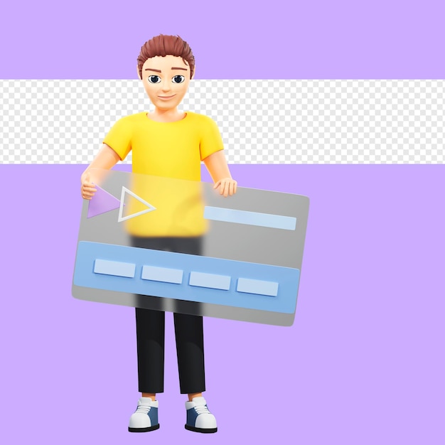 Illustrazione raster di un uomo con un'enorme carta bancaria Giovane ragazzo in una maglietta gialla in possesso di una carta di vetro pagamento senza contatto terminale bancario internet acquisto di denaro shopping grafica di rendering 3d