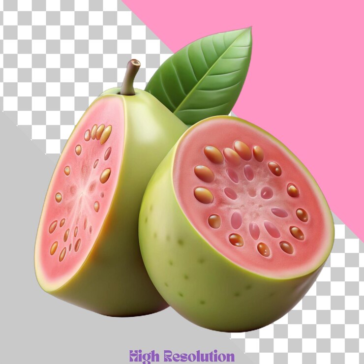 PSD illustrazione realistica del frutto della guava con foglie e semi verdi