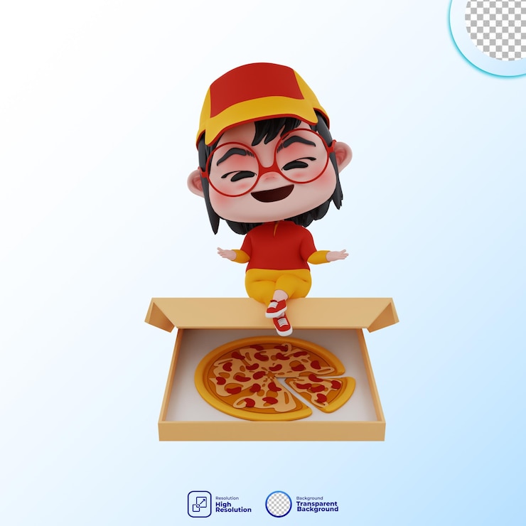 PSD illustrazione sveglia del carattere della pizza del corriere 3d