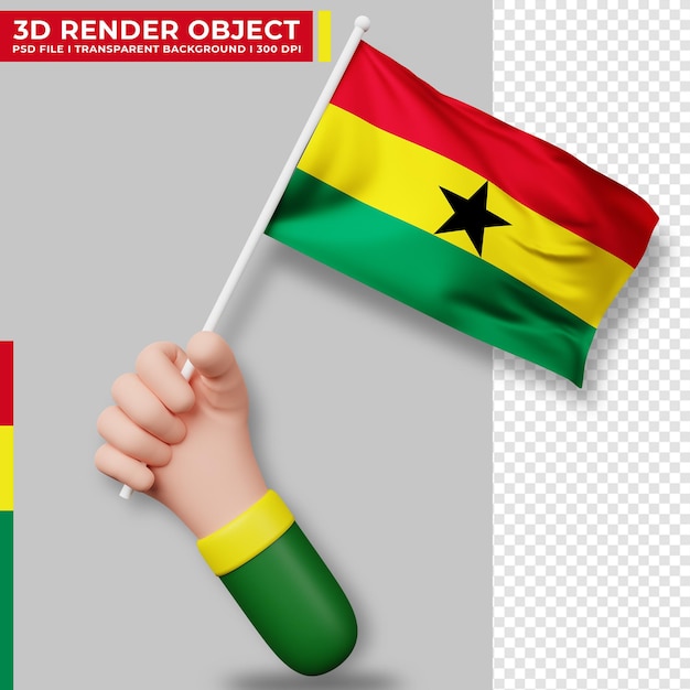 Illustrazione sveglia della bandiera del ghana che tiene la mano. giorno dell'indipendenza del ghana. Bandiera del paese.
