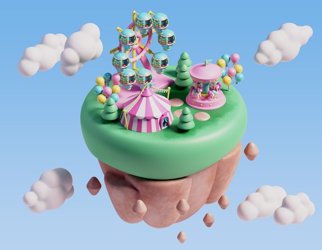 Illustrazione tridimensionale per la scena del parco divertimenti con paesaggio galleggiante