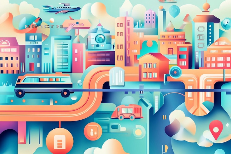 PSD illustrazione vibrante della città con edifici, veicoli e infrastrutture di trasporto
