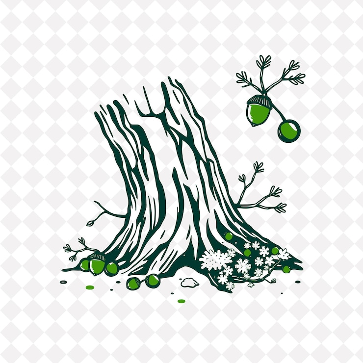 PSD illustrazionebarc acorns rami lichen spessa corteccia che protegge l'albero acorns che punteggiano il terreno twi