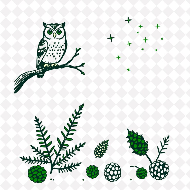 PSD illustrazioneowl fireflies ferns pinecones un gufo saggio appoggiato su un ramo alto fireflies twinkling