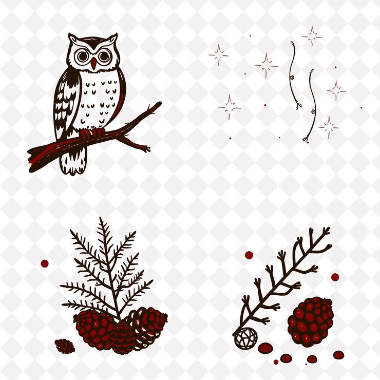 PSD illustrazioneowl fireflies ferns pinecones un gufo saggio appoggiato su un ramo alto fireflies twinkling