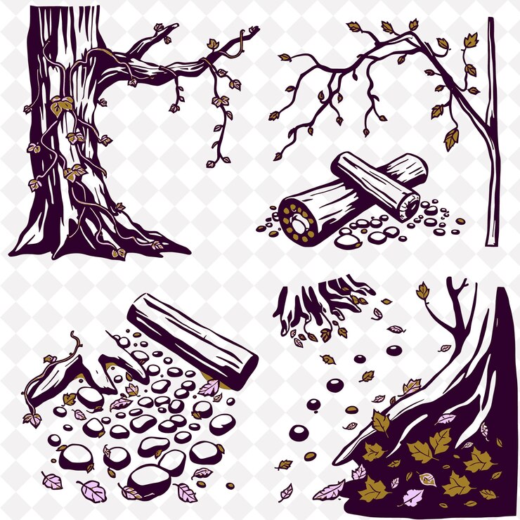 PSD illustrazionevini, tronchi, ciottoli, foglie cadutevini che si avvolgono attorno ai tronchi dei alberi