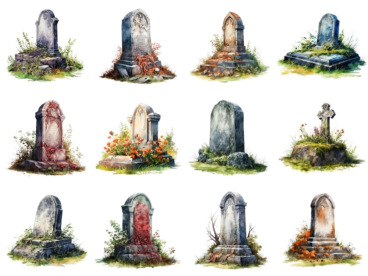 PSD illustrazioni ad acquerello di varie lapidi e croci