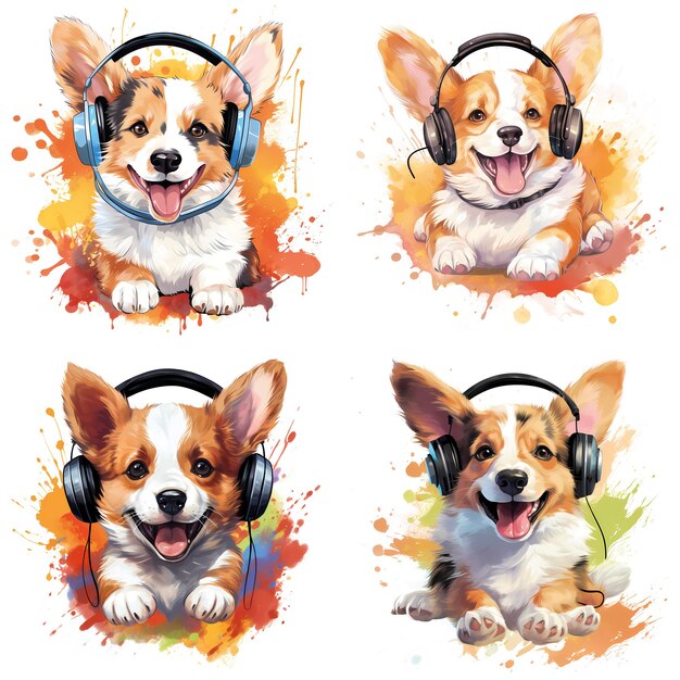 Illustrazioni macchiate di adorabili cuccioli Corgi con cuffie