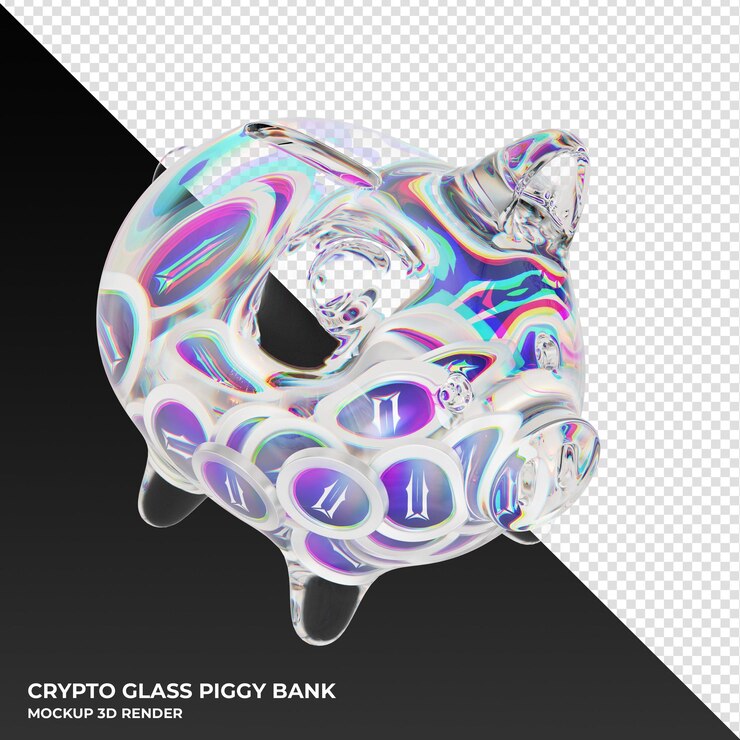 PSD illuvium ilv glass piggy bank with crypto coins 3d illustration