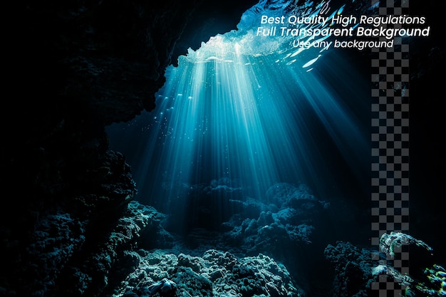 PSD iluminación acuática los rayos solares se filtran en la cueva submarina sobre un fondo transparente