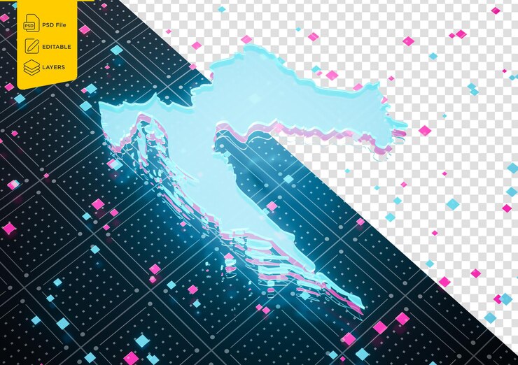 PSD iluminación del mapa de datos de croacia luz azul de neón en fondo de patrón sin costuras ilustración 3d