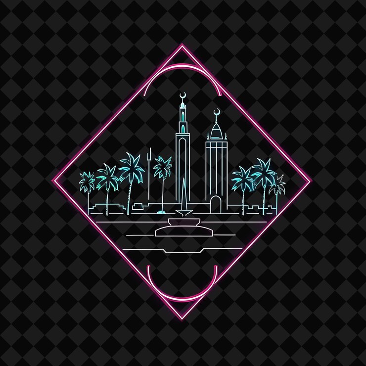 PSD iluminación de neón de la costa de jeddah dentro de una silueta de diamante png y2k monoline cityscape collage art