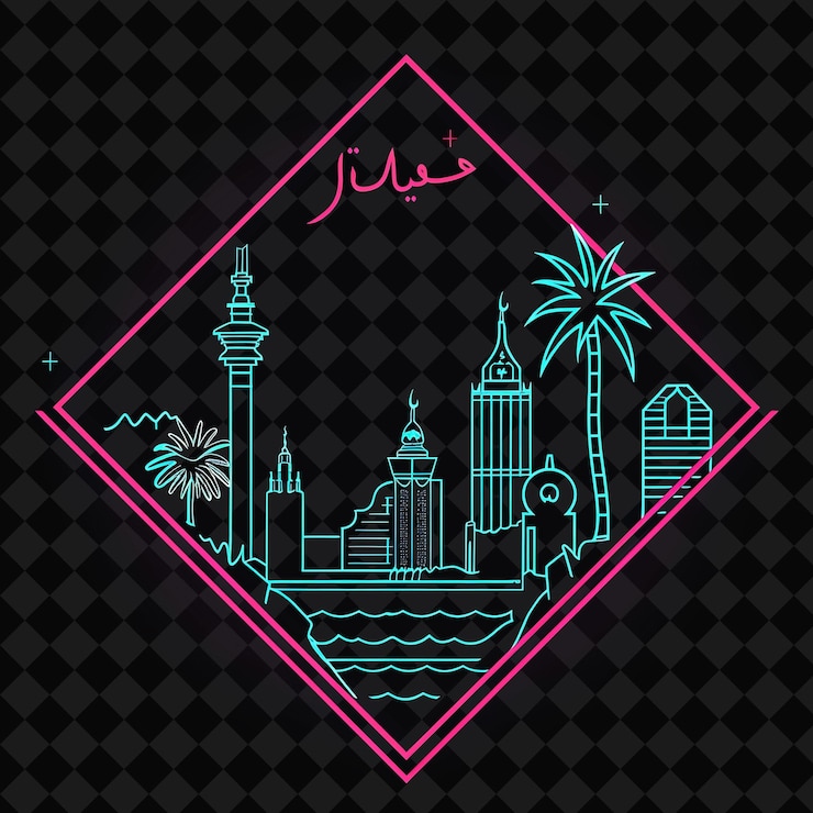 PSD iluminación de neón de la costa de jeddah dentro de una silueta de diamante png y2k monoline cityscape collage art
