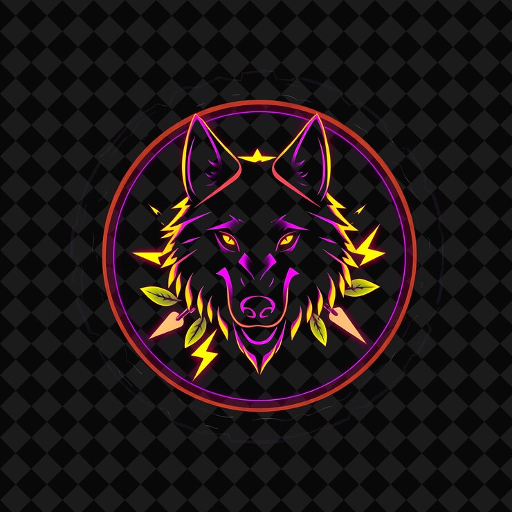 PSD iluminación de neón dentro de una insignia circular con llantas metálicas ásperas en el interior presenta una cabeza de lobo l