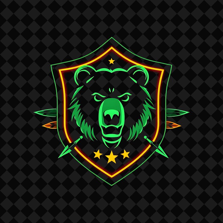 PSD iluminación de neón dentro de una insignia en forma de escudo con una silueta de cabeza de oso y un marco afilado en el interior