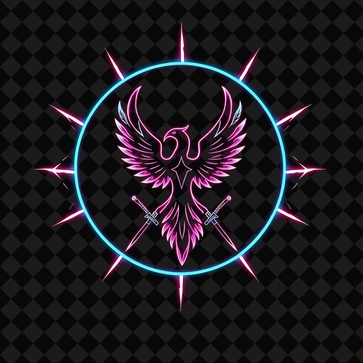 PSD iluminación de neón en una insignia en forma de círculo con una silueta de fénix y bordes eléctricos en el interior son