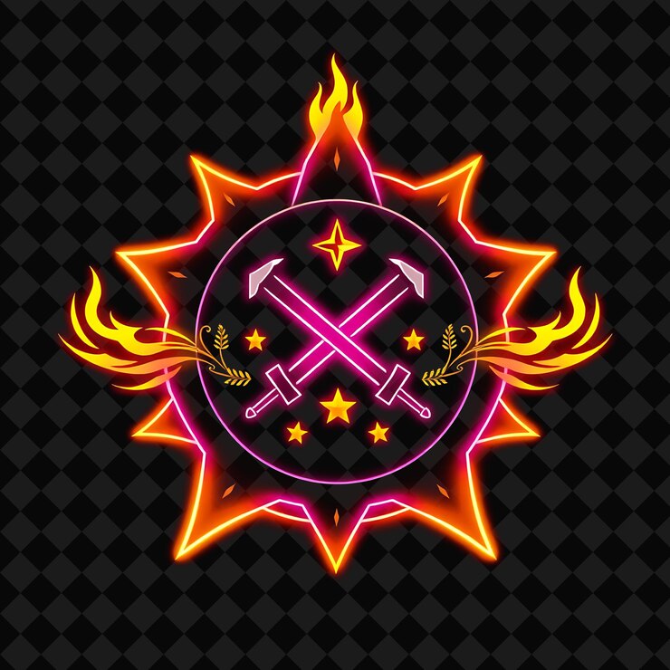 PSD iluminación de neón en una insignia en forma de estrella con puntas de fuego en el interior decoradas con espadas cruzadas vine