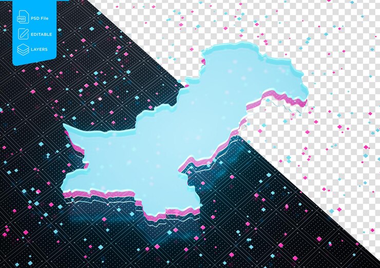 PSD iluminado mapa de datos de pakistán luz azul de neón en el fondo del patrón sin costuras ilustración 3d