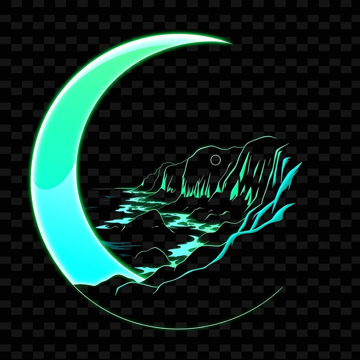 PSD iluminando los acantilados costeros de neón dentro de una silueta del paisaje de la luna creciente tiene olas brillantes cras