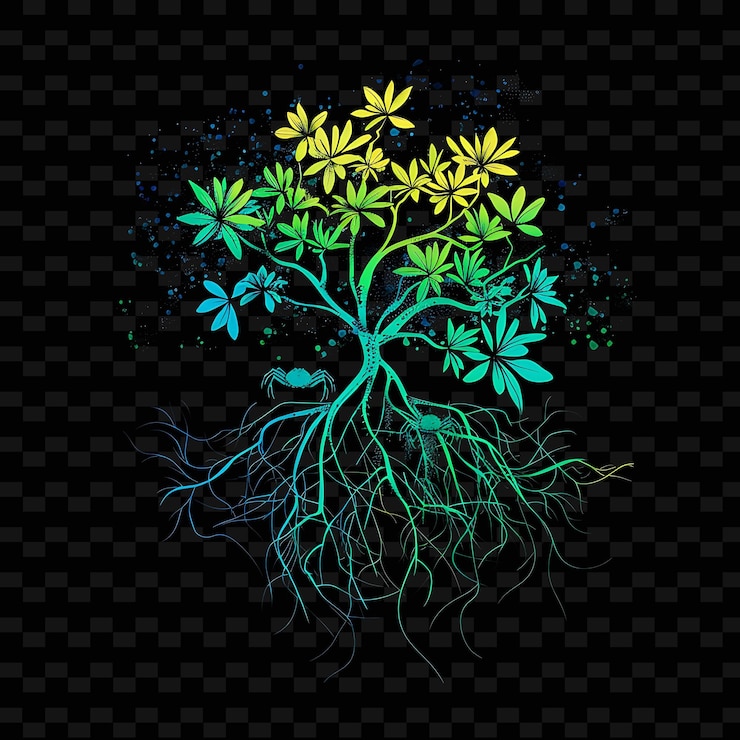 PSD iluminando los bosques de manglares de neón en una silueta ilustración de la tierra de las estrellas diseños de paisajes naturales
