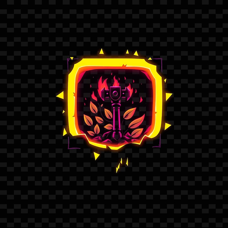 PSD iluminando neón dentro de una insignia rectangular con lados rasgados dentados en el interior sostiene hojas de fuego y un