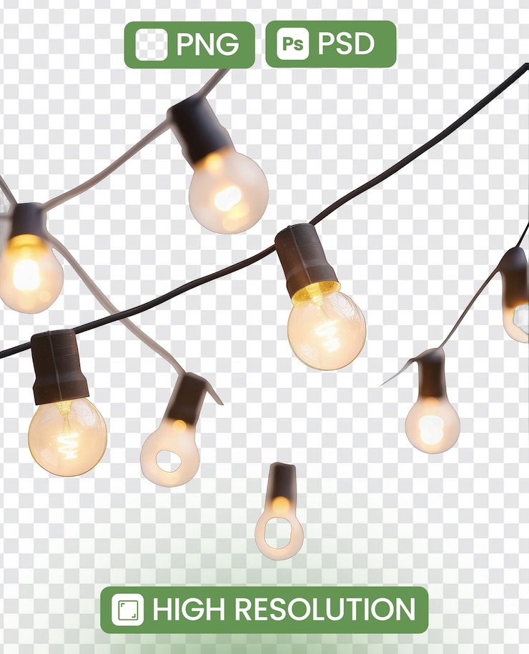 PSD iluminem os seus desenhos luzes de cordas festivas em conceito de fundo transparente