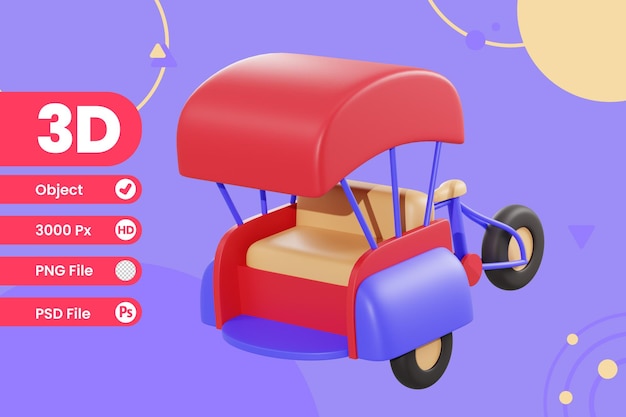 Ilustração 3d becak objeto de veículo