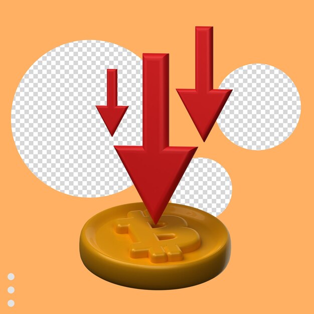 PSD ilustração 3d bitcoin com uma seta vermelha apontando para baixo