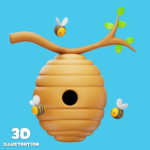 Ilustração 3D bonita de abelhas voando em torno de uma colmeia