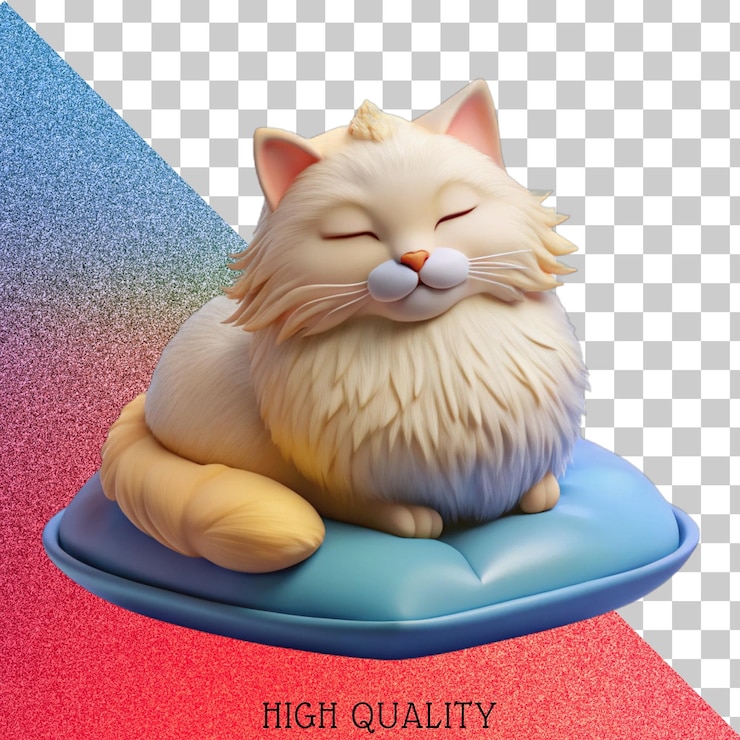 PSD ilustração 3d bonita de um gato branco dormindo em um travesseiro azul