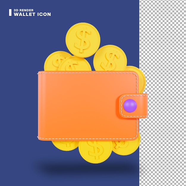 Ilustração 3D carteira e moeda de dólares