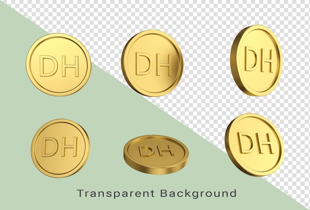 ilustração 3D Conjunto de moeda dirham marroquina de ouro em diferentes anjos
