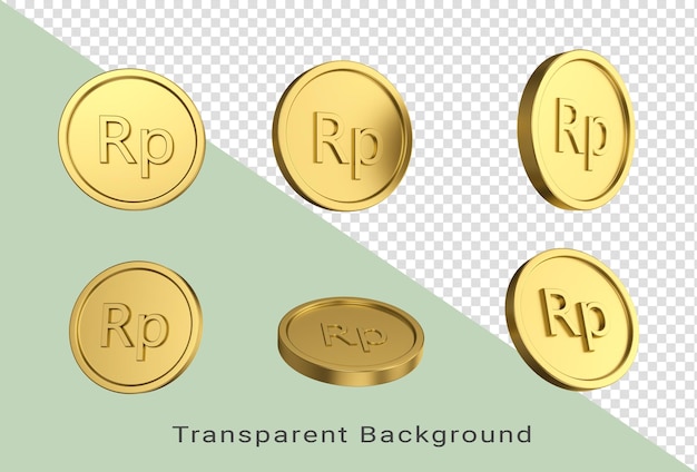 ilustração 3d Conjunto de moedas de ouro rupias indonésias em diferentes anjos