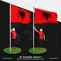 PSD ilustração 3d da bandeira da albânia com personagem de desenho animado de pessoas fofas. renderização 3d.
