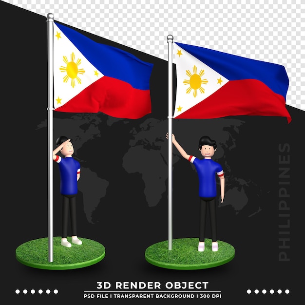 PSD ilustração 3d da bandeira das filipinas com personagem de desenho animado de pessoas fofas. renderização 3d.