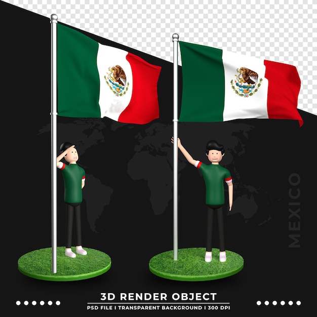 PSD ilustração 3d da bandeira do méxico com personagem de desenho animado de pessoas fofas. renderização 3d.